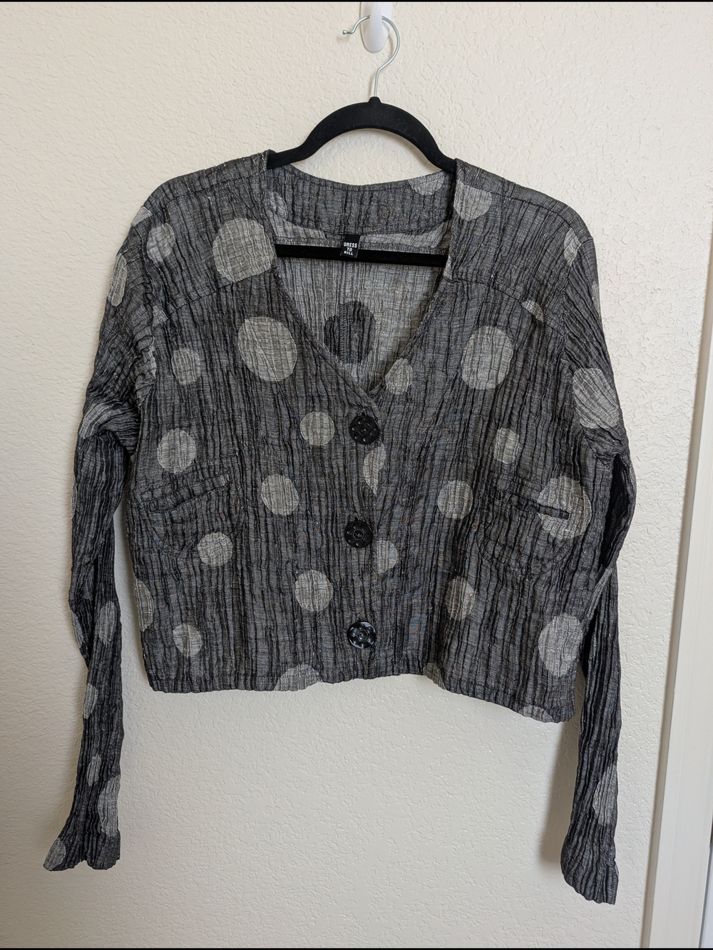 Dress To Kill Blouse OS Gray Button Front Long Sleeve Made in USA Polka Dot